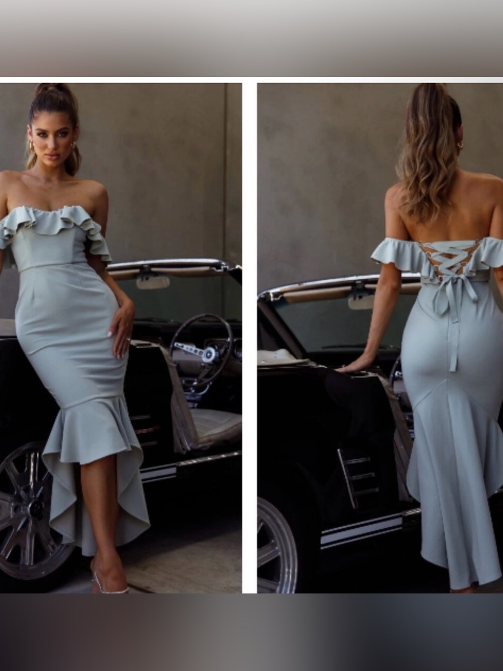 Selfie Leslie Light Blue/Green Dress with Ruffle Detail Lace Back Maxi